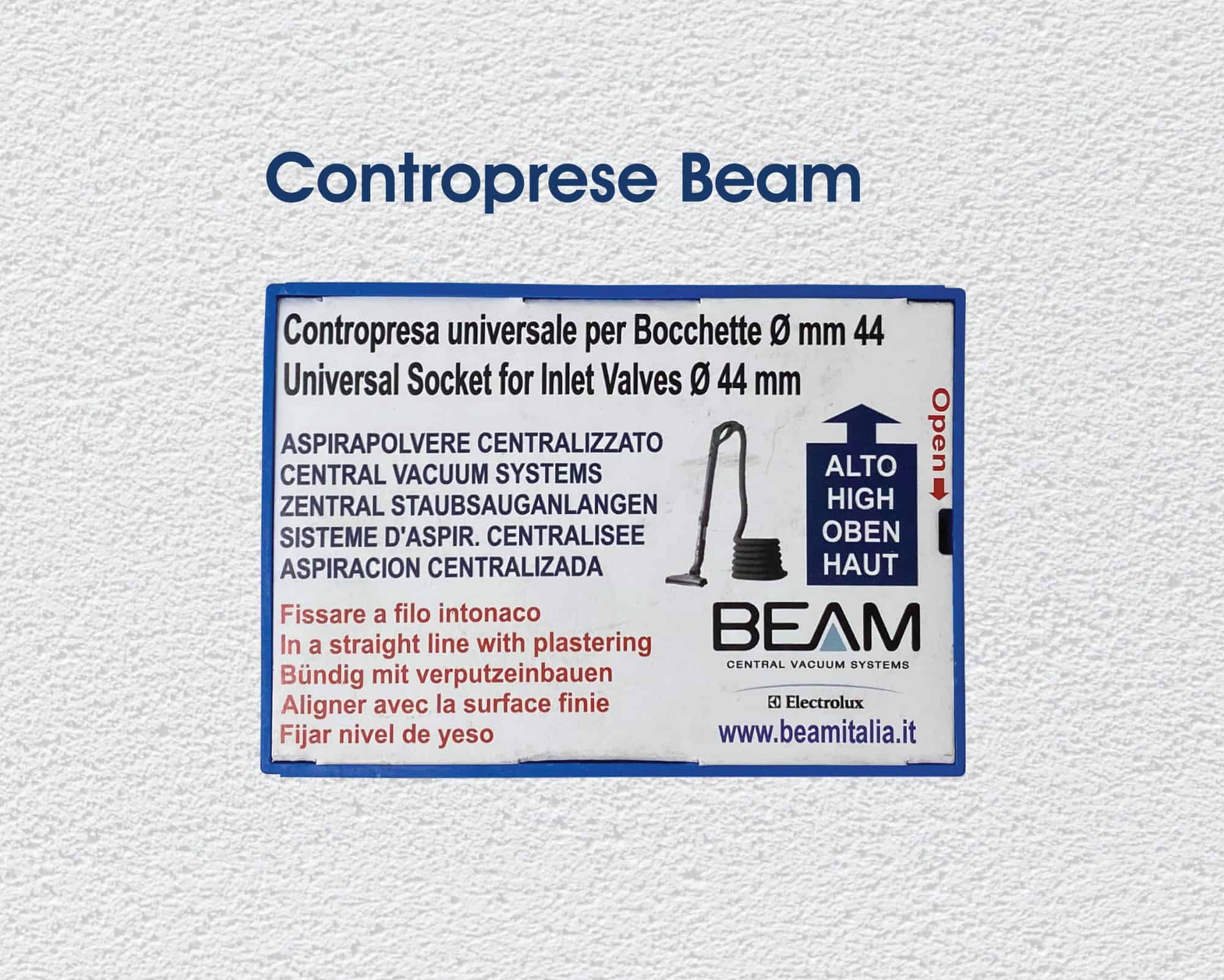 Questa presa può essere installata nelle controprese per aspirapolvere centralizzato Beam. Contropresa aspirazione centralizzata Beam colore blu con coperchio salvaintonaco in cartone