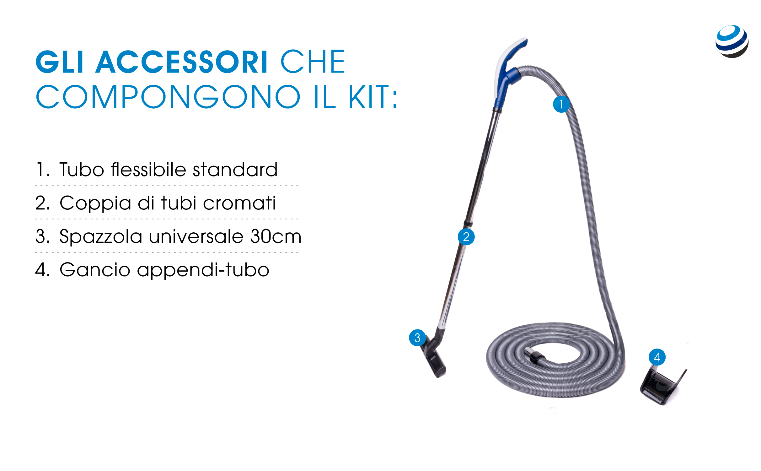 Gli accessori che compongono il kit: tubo flessibile standard, coppia di tubi cromati, spazzola universale 30cm, gancio appendi-tubo