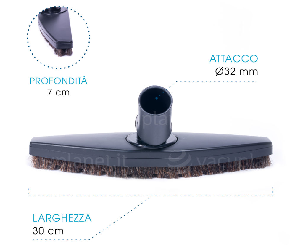 Dimensioni della spazzola 180 gradi per aspirazione centralizzata. Attacco diametro 32mm, larghezza 30cm, profondità 7cm