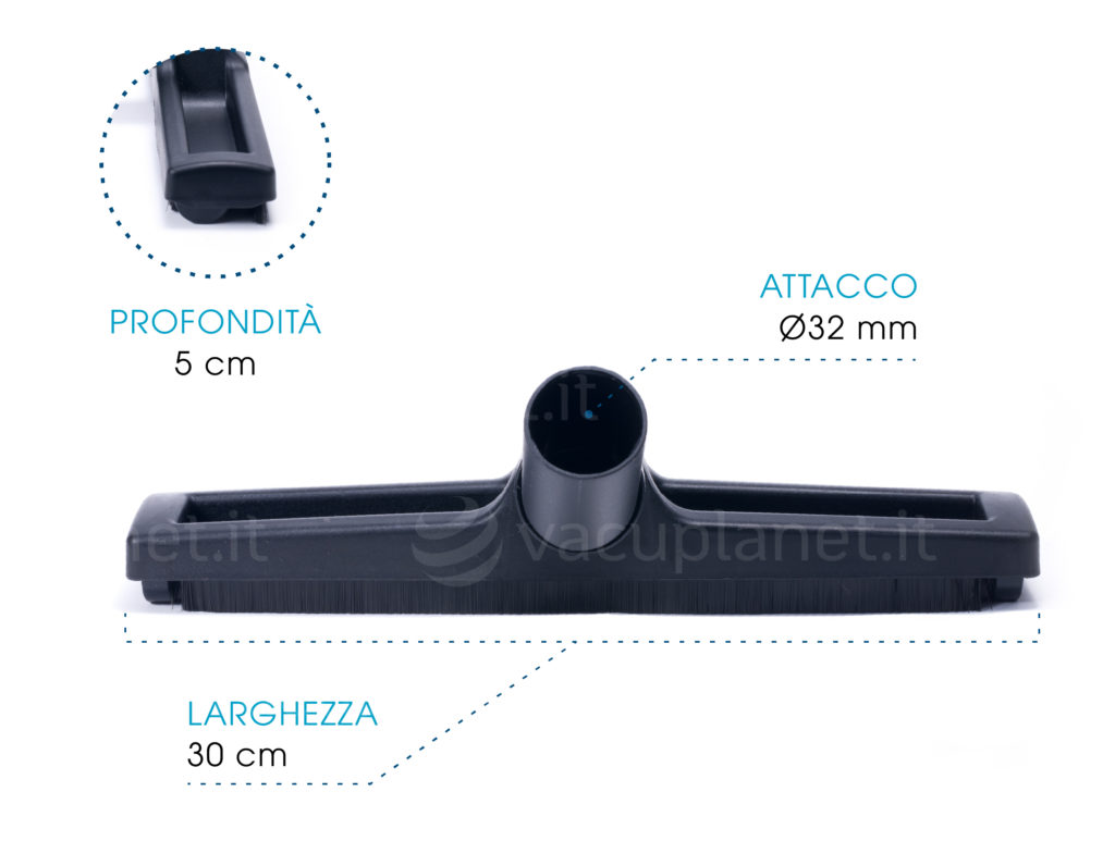 Dimensioni della spazzola 30cm per aspirazione centralizzata. Attacco diametro 32mm, larghezza 30cm, profondità 5cm