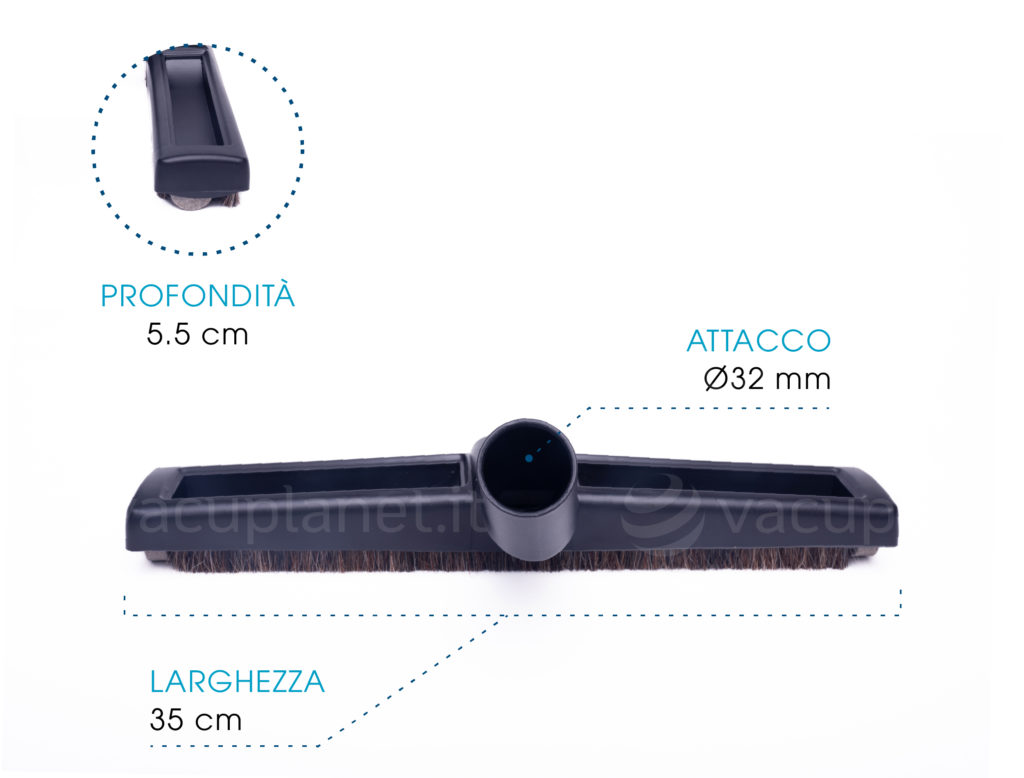 Dimensioni della spazzola 35cm per aspirazione centralizzata. Attacco diametro 32mm, larghezza 35cm, profondità 5,5cm